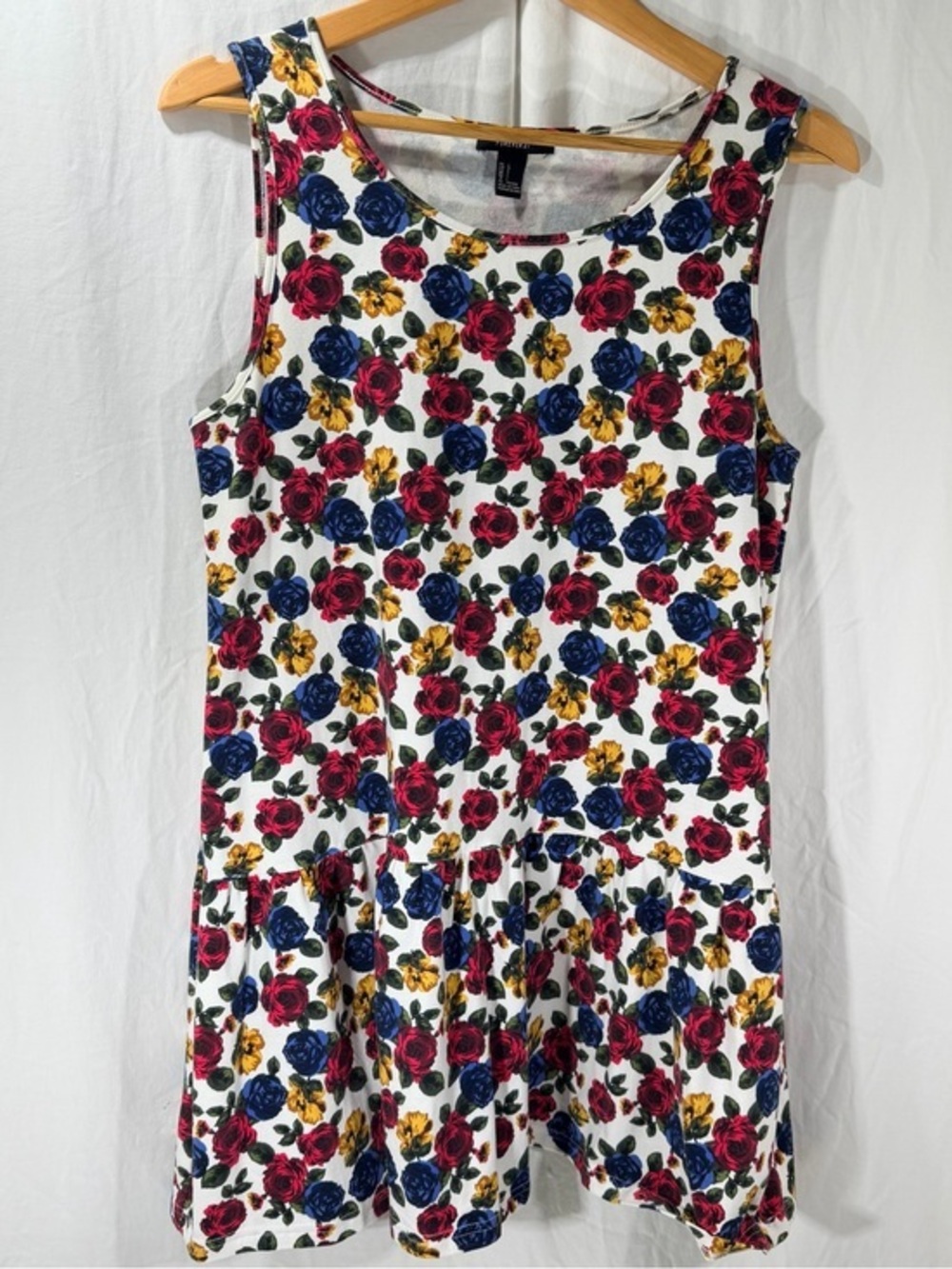 Forever 21 White Floral Midi Dress with Red, Blue & Yellow Roses